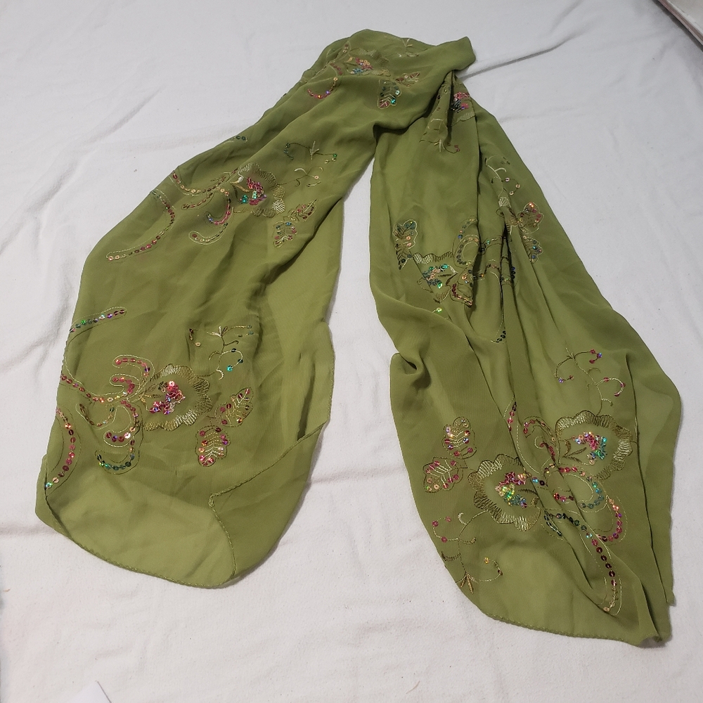 Sheer green sequenced floral Shaw scarf